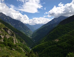 Naklejka premium Mountain valley with a river winding through