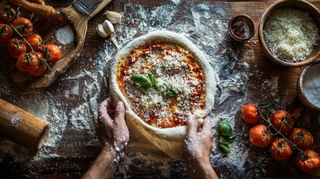 Hands preparing pizza dough