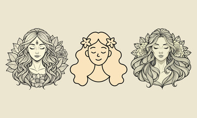 Line Art Woman with Floral Elements