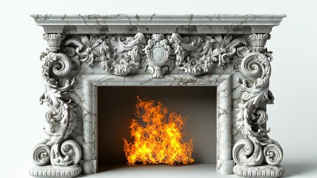 Intricately carved marble fireplace featuring detailed floral and scrollwork designs surrounding bright warm fire and elegant orange flames creating cozy and classic atmosphere