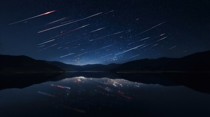 meteor. Vibrant meteor trails painting the night sky, mirrored perfectly in a tranquil alpine lake. travel magazines, destination branding, designed for outdoor magazines and nature guides