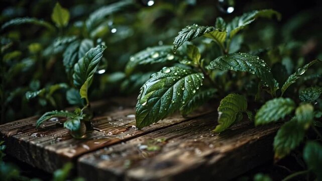 Minty Freshness A Close-Up of Vibrant Green Mint Leaves Covered in Water Droplets