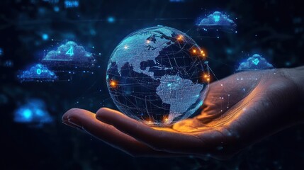 Human hand holding a glowing holographic globe with digital network connections and data cloud icons floating around in a dark background