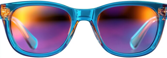 Close-up of stylish blue transparent sunglasses with reflective, colorful orange and purple lenses against white background