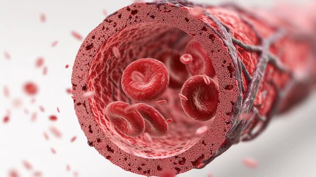Blood vessel artery cross section showing red blood cells flowing with detailed medical illustration of circulation and vascular structure highlighting blood flow and cellular components dynamic 3D