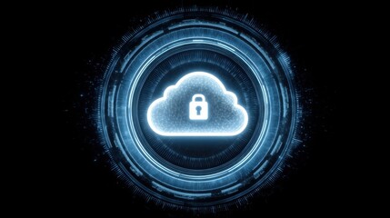 Digital cloud storage security concept with lock icon on futuristic circular interface for data protection and technology innovation exploration