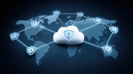 Digital security network concept with cloud computing, data protection, global connections, and security shield icons over a world map background