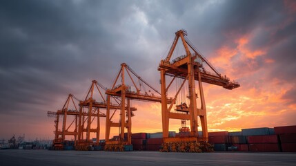 Fototapeta premium Crane Equipment at Port Under Dramatic Sunset Sky with Colorful Clouds and Shipping Containers in Foreground for Import and Export Themes