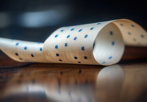 Close-up of a curled beige paper strip with blue perforated dots lying on a reflective wooden surface, showcasing texture and pattern in soft lighting