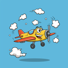 Smiling yellow-red cartoon airplane flying in a blue sky with white clouds and spinning propeller.