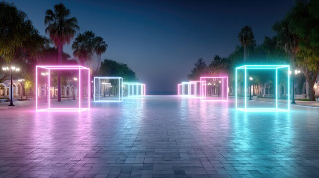 Neon Lit Cube Installations Along a City Plaza at Night Time, Illuminated Colorful Light Festival, Cityscape with Trees Under a Clear Sky at Dusk
