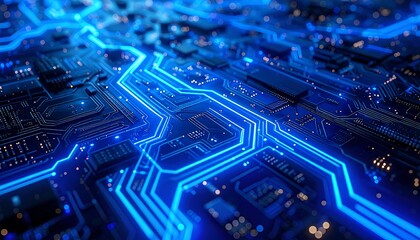 A close-up view of a futuristic computer motherboard with glowing blue circuits and components, illustrating digital technology