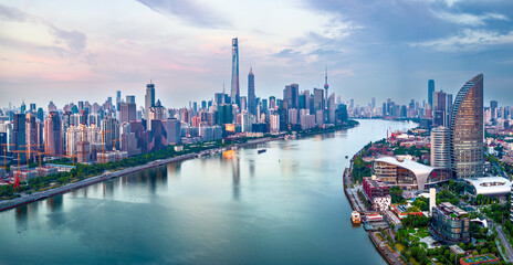 Panoramic of modern city financial district skyline at sunrise in Shanghai, China.