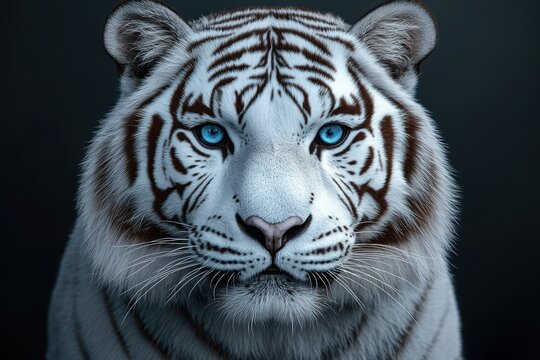 Close-up portrait of a majestic white tiger with striking blue eyes and detailed fur texture against a dark background, conveying intensity and calm