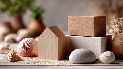 Neutral Toned Still Life with Geometric Shapes and Natural Textures on Wooden Surface