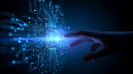 Futuristic AI technology concept image featuring a human hand touching a glowing AI chip integrated with digital circuits. Perfect for technology, innovation, and artificial intelligence themes.