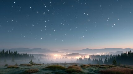 Night Sky Stars Over Misty Forest HDR Landscape Under Twilight Hues Cinematic Nature Scenery in Blue Tones