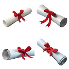 Collection of Four Rolled Graduation Diplomas with Red Ribbons.