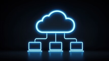 Neon cloud symbol representing digital storage and data management with connections to three devices, illustrating modern technology concepts vividly.