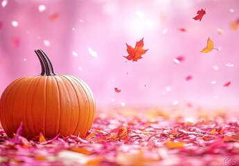 Orange pumpkin amidst pink fall leaves