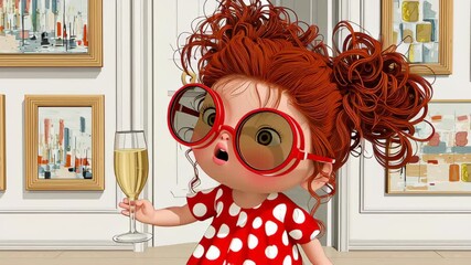 Adorable cartoon toddler girl with wild red curly hair wearing oversized round sunglasses and red polka dot dress holding glass in modern art gallery setting showcasing playful charm and vibrant style