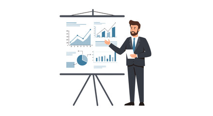 Business professional presenting data visualizations on a flip chart during a business meeting