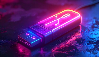 A close-up view of a futuristic USB flash drive with neon-like lighting against a dark, textured backdrop