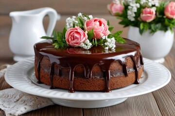 Chocolate cake with ganache topping and pink roses