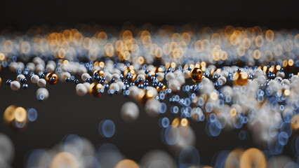 Abstract Background with Floating Golden, Silver, and White Spheres.
