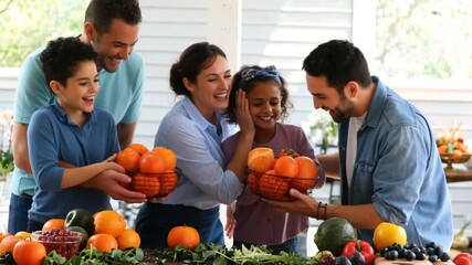 familia feliz y sonriente estadounidense comparten pavo en el dia de accion de gracias