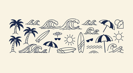 Obraz premium Hand-drawn collection of summer and beach themed outline illustrations including palm trees, waves, surfboards, and umbrellas.