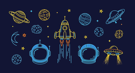 Hand-drawn space exploration doodles with rocket, planets, astronaut helmets, and UFOs on a dark background.