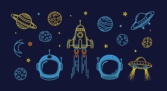 Hand-drawn space exploration doodles with rocket, planets, astronaut helmets, and UFOs on a dark background.