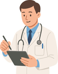 male doctor writing something in notebook, listening to patient. Flat vector illustration, simple style, white background