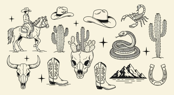 Vintage Western desert elements set with cowboy, horse, cactus, snake, scorpion, bull skull, boots, and mountains.