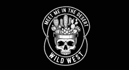 Fototapeta premium White graphic illustration of a skull with cacti and succulents in a pot on its head, encircled by a rope with 'MEET ME IN THE DESERT WILD WEST' text on a black background.
