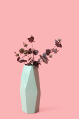 Vase with artificial eucalyptus branches on pink background