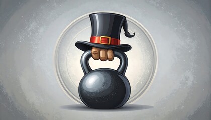 Cartoon hand holding a kettlebell with a top hat
