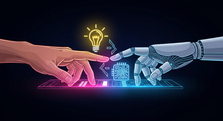 Human and Robot Hands Reaching Towards Each Other with Glowing Light Keywords: human hand, robot hand, artificial intelligence, technology, future, connection, interaction, innovation, science
