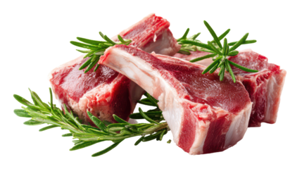 Raw lamb chops with rosemary isolated on transparent background