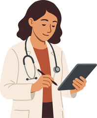 Female doctor writing something in notebook, listening to patient. Flat vector illustration, simple style, white background