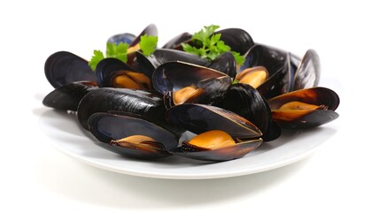 Cooked mussels on a white plate (1)