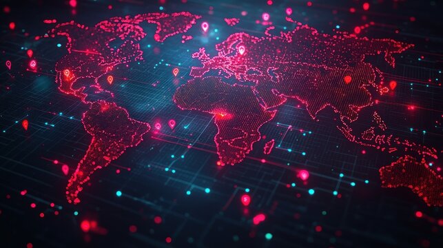 Red digital world map, points on blue lines, futuristic technology