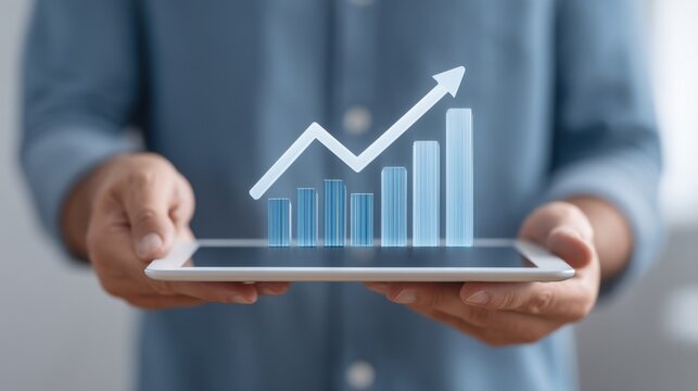 Person Holding Tablet with an Innovative Graph Displaying Growth and Success in Horizontal Lines and Arrow, Symbolizing Business and Technology Advancement - Powered by Adobe