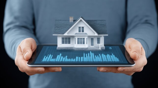 Hands Holding Tablet with 3D House Model Displaying Data Visualization on Screen for Real Estate, Technology, and Innovation Concepts