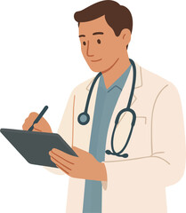 male doctor writing something in notebook, listening to patient. Flat vector illustration, simple style, white background