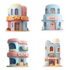 Set of four cute 3D cartoon cafe building illustrations.