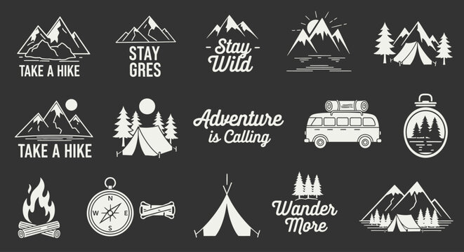Collection of vintage outdoor adventure badges and logos featuring mountains, tents, campfires, and travel elements on a dark background.