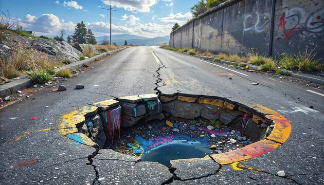 A large pothole in a road, painted with vibrant colors