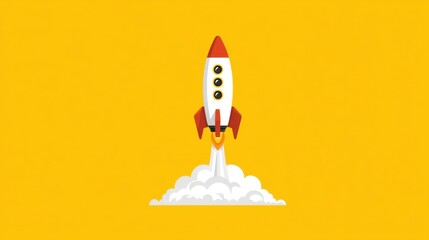 Rocket Launching from Clouds Against Bright Yellow Background with Vibrant Colors and Clean Lines Representing Innovation and Exploration
